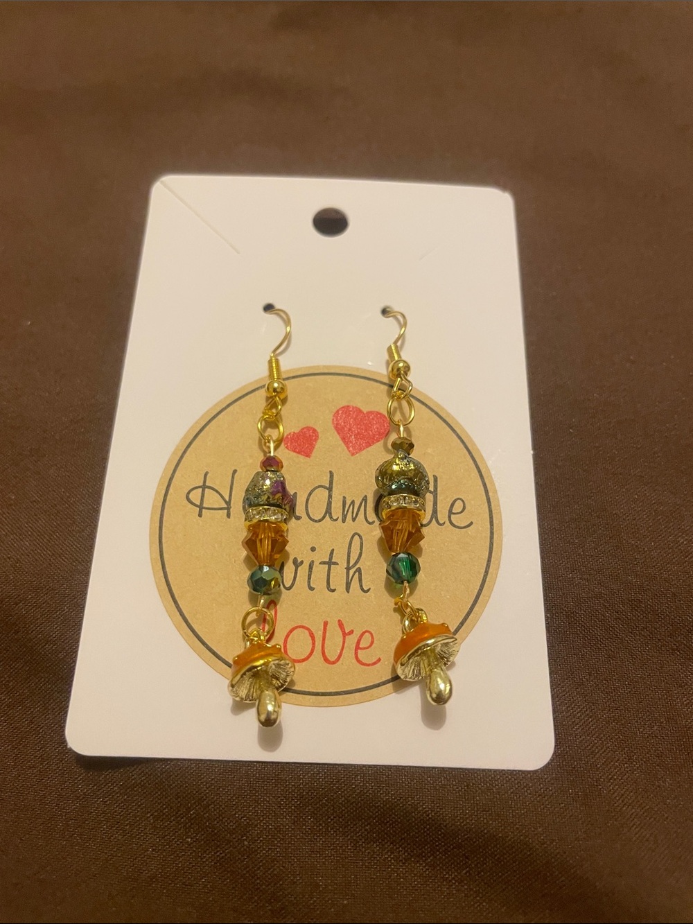 H22 - 2/$7 - Handmade Gold-Tone Amber & Green Beaded Dangle Fashion Earrings